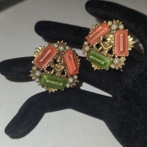 Egyptian Revival Pharaoh Clip On Earrings Gold Tone Coral Green Faux Pearl VTG